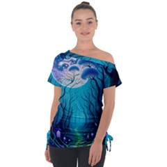 Forrest Jungle Blue Artwork Off Shoulder Tie-up Tee