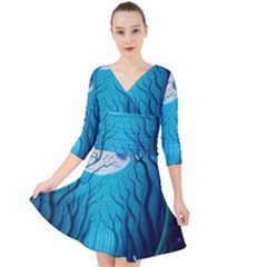 Forrest Jungle Blue Artwork Quarter Sleeve Front Wrap Dress