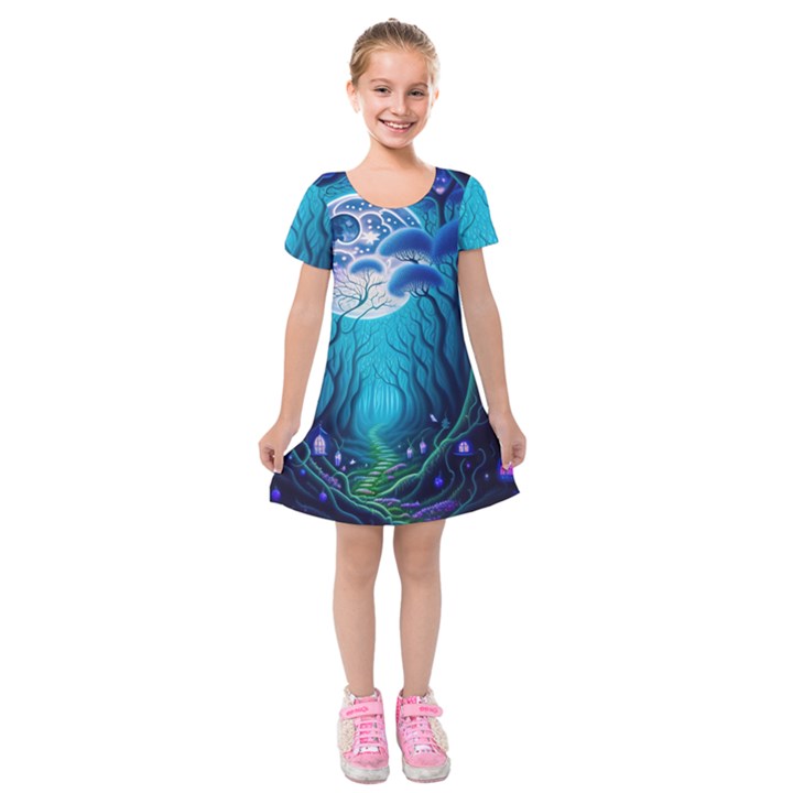 Forrest Jungle Blue Artwork Kids  Short Sleeve Velvet Dress