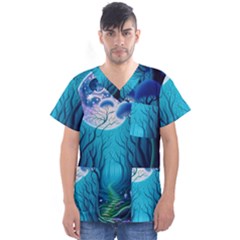 Forrest Jungle Blue Artwork Men s V-neck Scrub Top