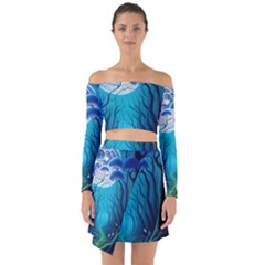 Forrest Jungle Blue Artwork Off Shoulder Top With Skirt Set by Jancukart