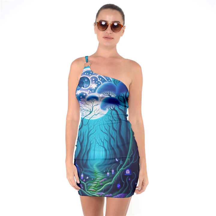 Forrest Jungle Blue Artwork One Shoulder Ring Trim Bodycon Dress