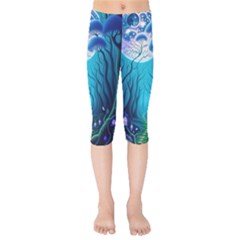 Forrest Jungle Blue Artwork Kids  Capri Leggings 