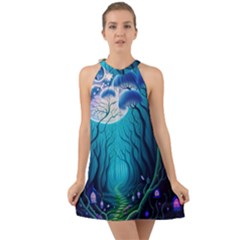 Forrest Jungle Blue Artwork Halter Tie Back Chiffon Dress