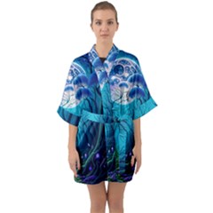 Forrest Jungle Blue Artwork Half Sleeve Satin Kimono 