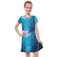 Forrest Jungle Blue Artwork Kids  Cross Web Dress