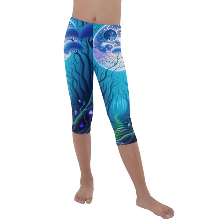 Forrest Jungle Blue Artwork Kids  Lightweight Velour Capri Leggings 