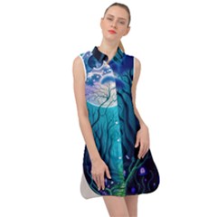 Forrest Jungle Blue Artwork Sleeveless Shirt Dress