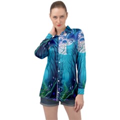 Forrest Jungle Blue Artwork Long Sleeve Satin Shirt