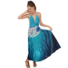 Forrest Jungle Blue Artwork Backless Maxi Beach Dress