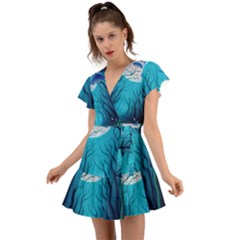 Forrest Jungle Blue Artwork Flutter Sleeve Wrap Dress