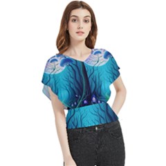 Forrest Jungle Blue Artwork Butterfly Chiffon Blouse