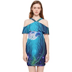 Forrest Jungle Blue Artwork Shoulder Frill Bodycon Summer Dress