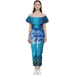 Forrest Jungle Blue Artwork Off Shoulder Ruffle Top Jumpsuit