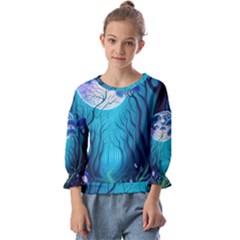 Forrest Jungle Blue Artwork Kids  Cuff Sleeve Top