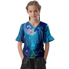 Forrest Jungle Blue Artwork Kids  V-neck Horn Sleeve Blouse