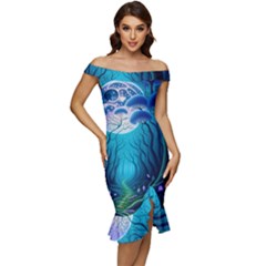 Forrest Jungle Blue Artwork Off Shoulder Ruffle Split Hem Bodycon Dress