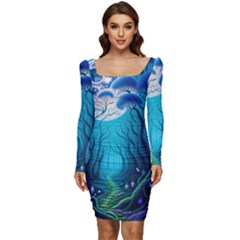 Forrest Jungle Blue Artwork Women Long Sleeve Ruched Stretch Jersey Dress