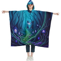 Forrest Jungle Blue Artwork Women s Hooded Rain Ponchos