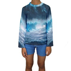 Thunderstorm Storm Tsunami Waves Ocean Sea Kids  Long Sleeve Swimwear