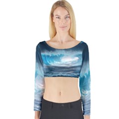 Thunderstorm Storm Tsunami Waves Ocean Sea Long Sleeve Crop Top by Jancukart