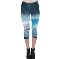 Thunderstorm Storm Tsunami Waves Ocean Sea Capri Leggings  by Jancukart