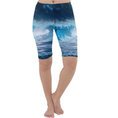 Thunderstorm Storm Tsunami Waves Ocean Sea Cropped Leggings  by Jancukart