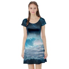 Thunderstorm Storm Tsunami Waves Ocean Sea Short Sleeve Skater Dress by Jancukart