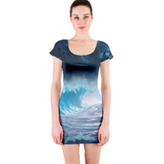 Thunderstorm Storm Tsunami Waves Ocean Sea Short Sleeve Bodycon Dress by Jancukart