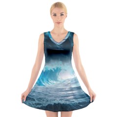 Thunderstorm Storm Tsunami Waves Ocean Sea V-neck Sleeveless Dress by Jancukart