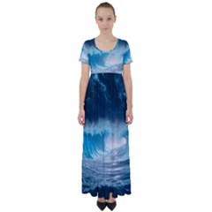 Thunderstorm Storm Tsunami Waves Ocean Sea High Waist Short Sleeve Maxi Dress by Jancukart