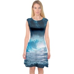 Thunderstorm Storm Tsunami Waves Ocean Sea Capsleeve Midi Dress by Jancukart