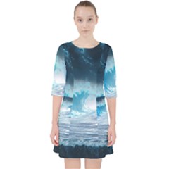 Thunderstorm Storm Tsunami Waves Ocean Sea Quarter Sleeve Pocket Dress by Jancukart