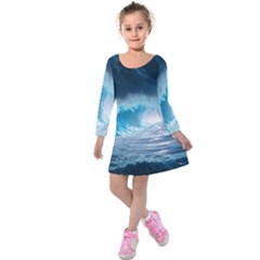 Thunderstorm Storm Tsunami Waves Ocean Sea Kids  Long Sleeve Velvet Dress