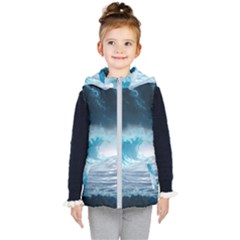 Thunderstorm Storm Tsunami Waves Ocean Sea Kids  Hooded Puffer Vest by Jancukart