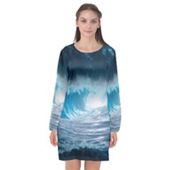 Thunderstorm Storm Tsunami Waves Ocean Sea Long Sleeve Chiffon Shift Dress 