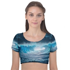 Thunderstorm Storm Tsunami Waves Ocean Sea Velvet Short Sleeve Crop Top  by Jancukart