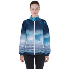 Thunderstorm Storm Tsunami Waves Ocean Sea Women s High Neck Windbreaker