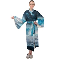 Thunderstorm Storm Tsunami Waves Ocean Sea Maxi Velvet Kimono by Jancukart