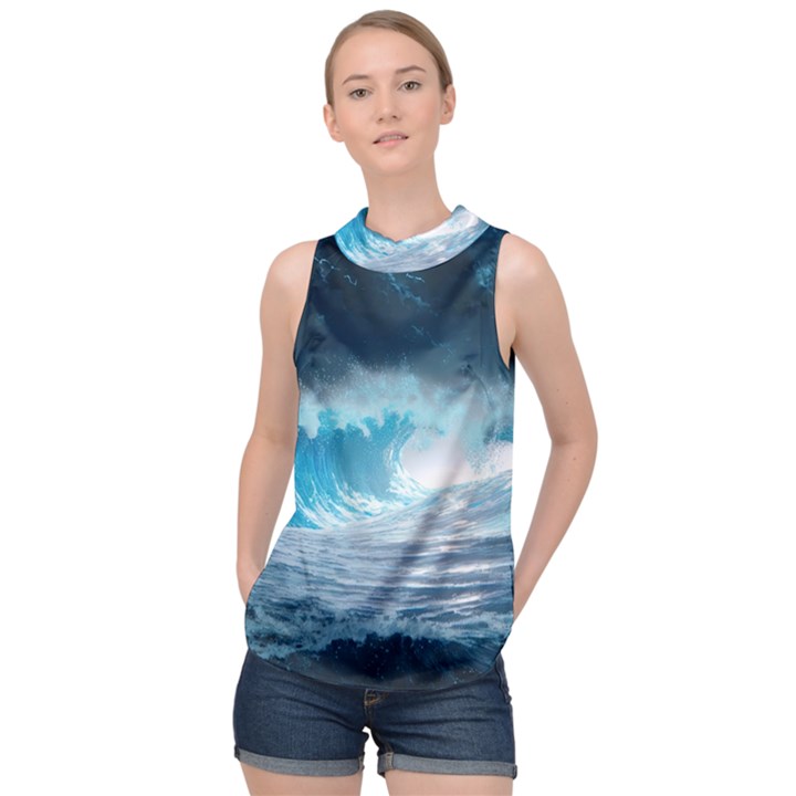 Thunderstorm Storm Tsunami Waves Ocean Sea High Neck Satin Top