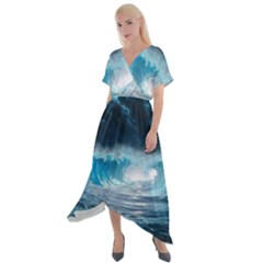 Thunderstorm Storm Tsunami Waves Ocean Sea Cross Front Sharkbite Hem Maxi Dress by Jancukart