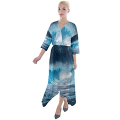 Thunderstorm Storm Tsunami Waves Ocean Sea Quarter Sleeve Wrap Front Maxi Dress by Jancukart