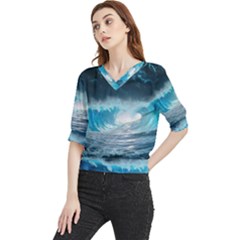 Thunderstorm Storm Tsunami Waves Ocean Sea Quarter Sleeve Blouse