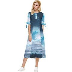 Thunderstorm Storm Tsunami Waves Ocean Sea Bow Sleeve Chiffon Midi Dress