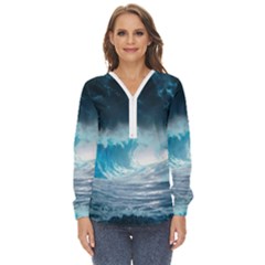 Thunderstorm Storm Tsunami Waves Ocean Sea Zip Up Long Sleeve Blouse