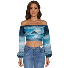 Thunderstorm Storm Tsunami Waves Ocean Sea Long Sleeve Crinkled Weave Crop Top by Jancukart