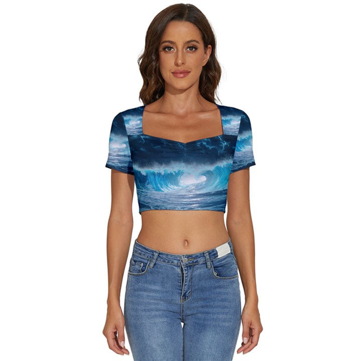 Thunderstorm Storm Tsunami Waves Ocean Sea Short Sleeve Square Neckline Crop Top 