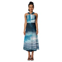 Thunderstorm Storm Tsunami Waves Ocean Sea Sleeveless Cross Front Cocktail Midi Chiffon Dress