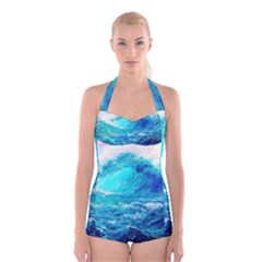 Tsunami Waves Ocean Sea Nautical Nature Water Nature Boyleg Halter Swimsuit 