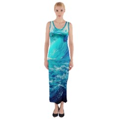 Tsunami Waves Ocean Sea Nautical Nature Water Nature Fitted Maxi Dress